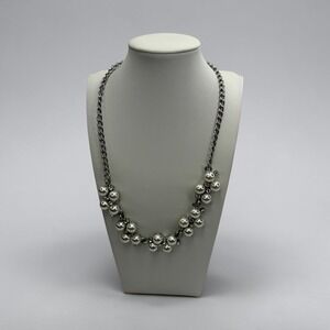 Faux Pearl Cluster Bib Necklace Silver Tone Rhinestone Accent Adjustable Chain